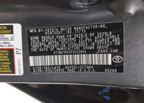 2014 Toyota Camry Xle V6 из США, поврежденный, VIN 4T1BK1FK2EU542844